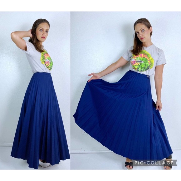 vintage 70s Navy high waisted PLEATED Maxi SKIRT xxs/xs full skirt knife pleats - Picture 1 of 10